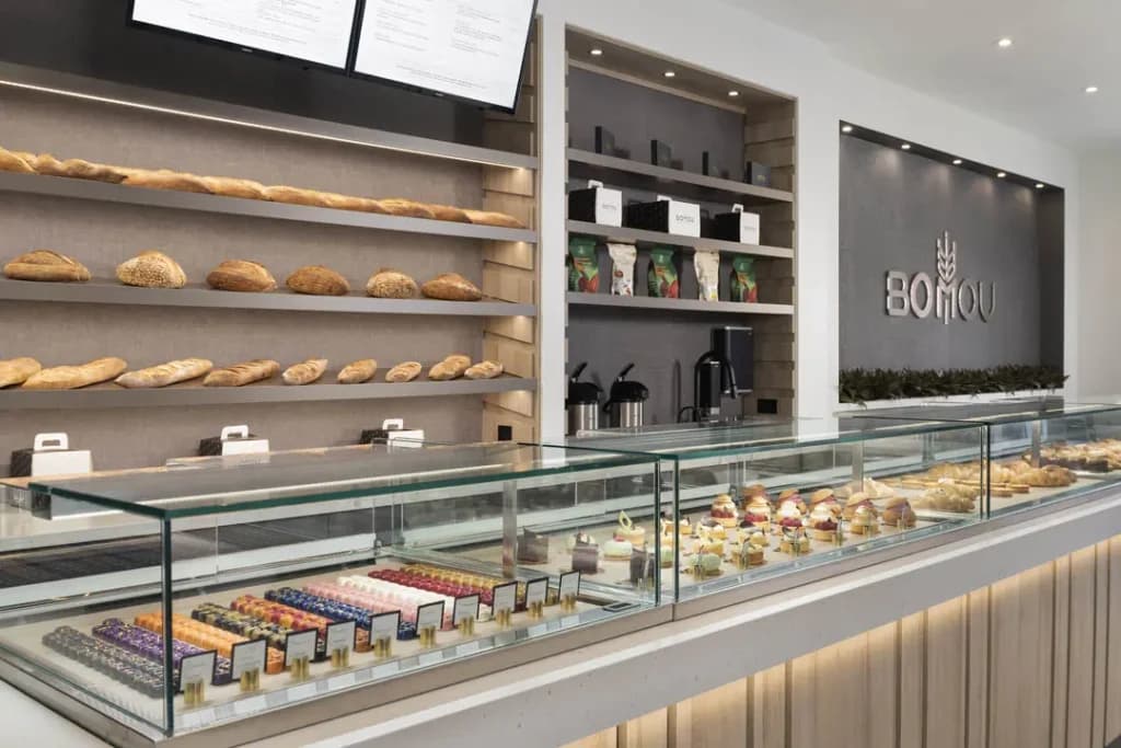Custom bakery counter and retail area at Bomou